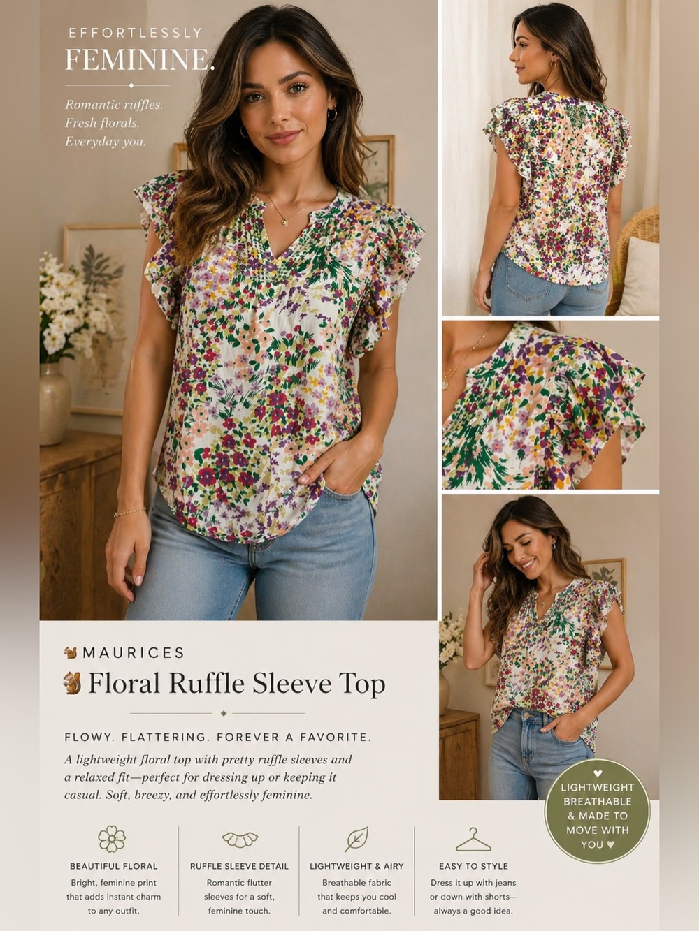 Maurices Floral Ruffle Sleeve Top – Size M